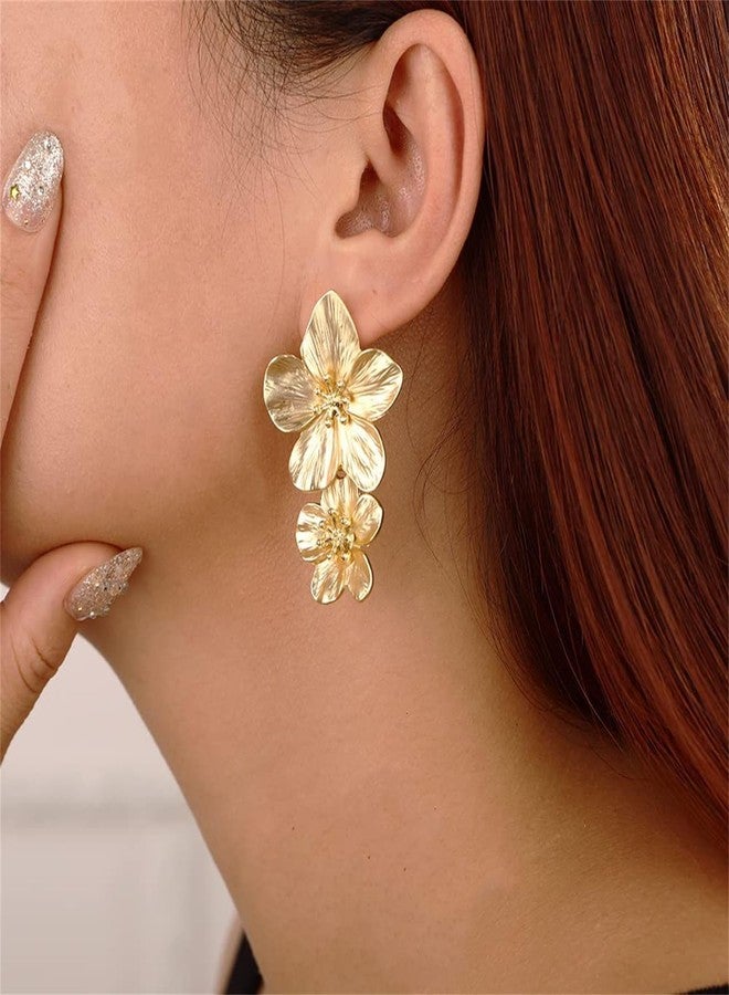 WCRAZYE Gold Chunky Flower Earrings Necklace Sets for Women Boho Statement Flower Earrings Gold Layered Floral Flower Chunky Collar Necklace Wedding Prom Fashion Jewelry (Double Flower) - Image 5
